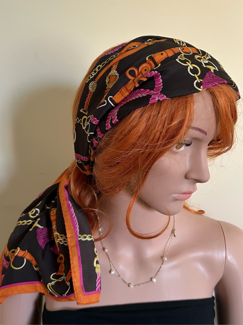 Silk-Feel Black Chain & Rope Print Headscarf - Fashion Accessory